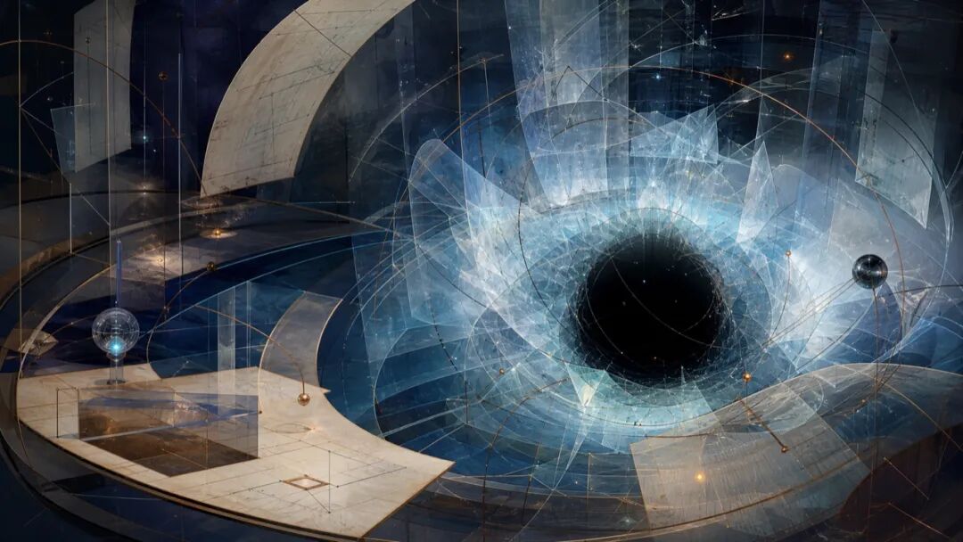 图03｜Bion 的 O 不是知识对象，而是会改变观察者的情感现实。图像中的测量线在黑色中心周围弯曲，提示分析师并不站在现实之外。